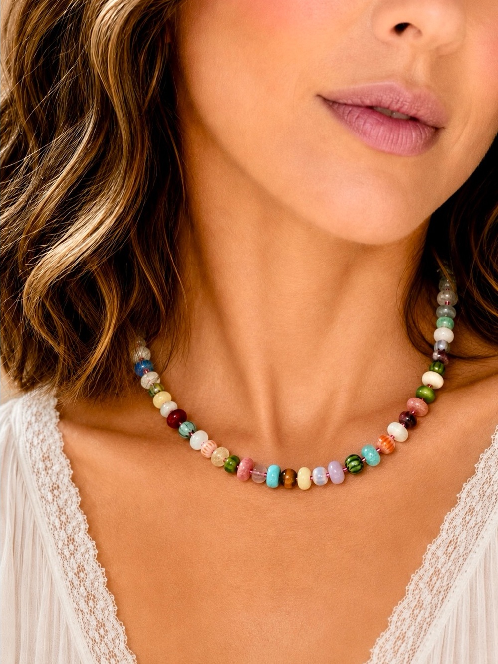 Multicolor Quartz Beaded Women's Necklace - Colorful Gemstone Style